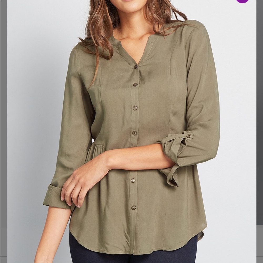MODCLOTH Olive Trusty Travel button up tie waist long sleeve shirt NWOT Sz L